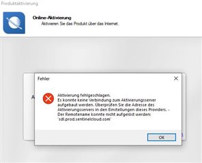 Error message in Trados Studio activation window stating 'Activation failed. No connection to the activation server could be established. Check the address of the activation server in the settings of this provider. The remote name could not be resolved: sdl.prod.sentinelcloud.com'