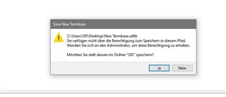 Warning message when trying to save a new Termbase in Trados MultiTerm, indicating no permission to save in the selected location with options 'Yes' and 'No'.