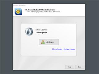 SDL Trados Studio 2011 Product Activation window showing an expired trial license with options to Activate, view My Account, or Purchase a license.