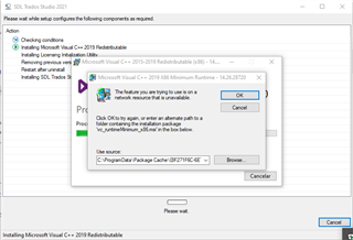 Error message during Trados Studio 2021 installation stating 'The feature you are trying to use is on a network resource that is unavailable.' with options to try again or cancel.
