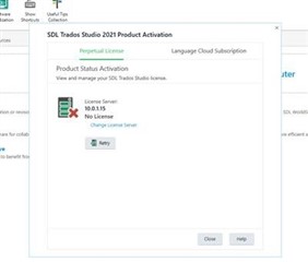 SDL Trados Studio 2021 Product Activation window showing an error with the License Server 'No license' and an IP address, with a Retry button.