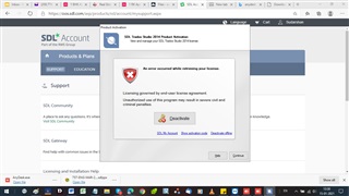 Error message on SDL Trados Studio software stating 'An error occurred while contacting server functions. Licensing of the program may not work as expected and continued problems.'