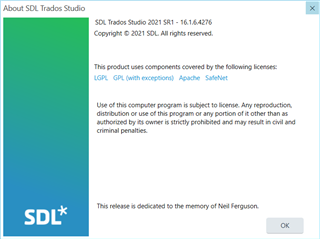 Screenshot of the 'About SDL Trados Studio' window showing the version as SDL Trados Studio 2021 SR1 - 16.1.6.4276.