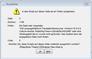 Error message in a script on a webpage indicating a missing file or assembly for SDL LanguagePlatform.TranslationMemoryApi, with options to continue running scripts on the page.