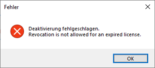 Error message in Trados Studio stating 'Deactivation failed. Revocation is not allowed for an expired license.' with an OK button.