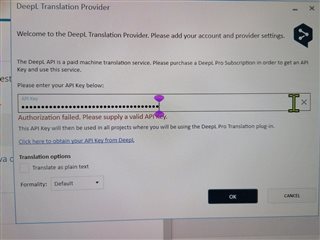 Error message in Trados Studio's DeepL Translation Provider dialog box saying 'Authorization failed. Please supply a valid API key.'