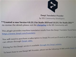 Information about the new version 4.8.23.1 of DeepL Translation Provider for Trados Studio with a link to the changelog.