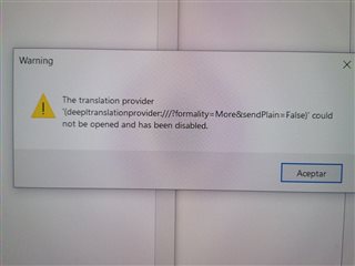 Warning message stating the translation provider 'DeepLTranslationProvider' could not be opened and has been disabled.