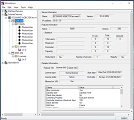 Screenshot of WlmAdmin version 9.2.1.0011 showing server information with feature name, version, and port details. License information section is visible with total users, total licenses, and capacity details. No errors or warnings are displayed.