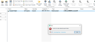 SDL Trados Studio 2019 interface showing an error message 'Could not create default project folder.'