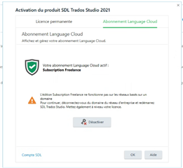 SDL Trados Studio 2021 activation dialog showing an error message indicating the Freelance subscription does not work on domain-joined workstations.