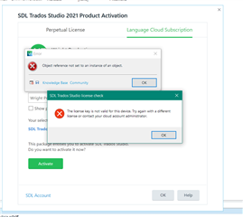Screenshot of Trados Studio 2021 Product Activation window with two error messages. The first error says 'Object reference not set to an instance of an object.' The second error says 'The license key is not valid for this product. Try again with a different license or contact your vendor about activation.'