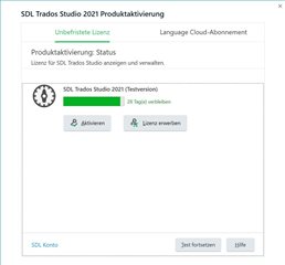SDL Trados Studio 2021 Product Activation window showing the trial version is currently activated with options to activate or continue using the trial.
