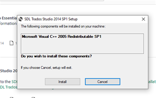SDL Trados Studio 2014 SP1 Setup window prompting to install Microsoft Visual C++ 2005 Redistributable SP1 with Install and Cancel buttons.