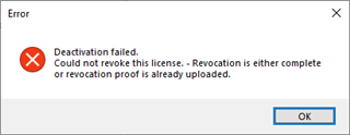 Error message window in Trados Studio showing 'Deactivation failed. Could not revoke this license. - Revocation is either complete or revocation proof is already uploaded.' with an OK button.
