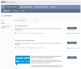 Screenshot of Trados Studio 'Downloads' page with available downloads for Trados Studio 2021 but no activation option visible.