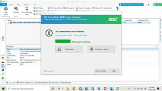 Trados Studio 2019 Product Activation window with green checkmark indicating 365 days remaining and an 'Activate' button.