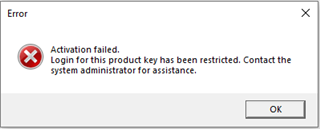 Error message window from Trados Studio stating 'Activation failed. Login for this product key has been restricted. Contact the system administrator for assistance.' with an OK button.