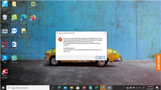 Error message on desktop background during Trados Studio 2019 installation stating 'An error occurred and the program was aborted. FormatException: The version of suite 'TranslationStudio2019' must be of the form x.y.z.'