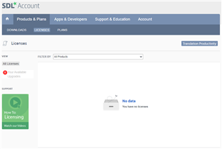 Screenshot of Trados Studio 'LICENSES' tab displaying 'No data' message indicating no licenses are available.