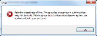 Error dialog box with a red cross icon saying 'Failed to deactivate offline. The specified deactivation authorization may not be valid. Validate your deactivation authorization against the authorization in your account.' with an OK button.