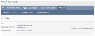 Screenshot of Trados Studio 'Orders' section showing order number 623154 with status 'Paid, Processing your order'.