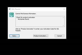 Error message in SDL Passolo: 'Cannot find license information. Check for product activation No license found.' with options to Retry, Product Activation, or Cancel.