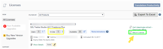 Screenshot of Trados Studio license page showing one activation used out of two available, with an option to reset license highlighted.