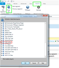 Trados Studio Add-ins dialog box showing a list of plugins with the option to enable or disable them.