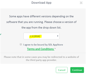Screenshot of Trados Studio's Download App dialog box with a dropdown menu showing version 1.3 (2014) selected and an option to agree to terms and conditions.