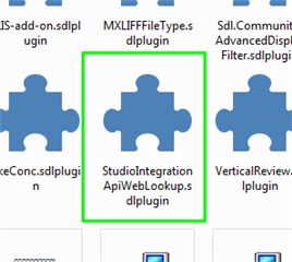 Screenshot showing the Trados Studio downloads folder with the 'StudioIntegrationApiWebLookup.sdlplugin' file highlighted.