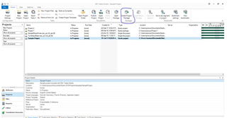 Screenshot of Trados Studio 2015 interface showing the Projects view with a list of sample projects and various menu options at the top.
