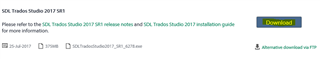 SDL Account page with a highlighted download button for Trados Studio 2017 SR1.