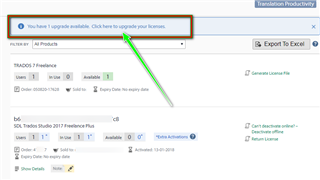SDL account dashboard showing a notification for 1 upgrade available with a link to upgrade licenses, and a list of products including Trados Studio 2017 with an option to order CU12.