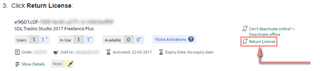 Screenshot of Trados Studio SDL Account Licensing page with a highlighted 'Return License' link on the right side.