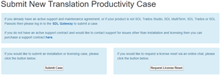 Screenshot of the 'Submit New Translation Productivity Case' page with two options: 'Submit Case' and 'Request License Reset'.