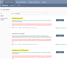 Screenshot of the SDL Trados Studio 2014 and MultiTerm 2014 download links on the SDL account downloads page.