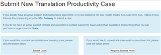 Screenshot of the 'Submit New Translation Productivity Case' page with options to submit a case or request a license reset.