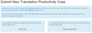 Screenshot of Trados Studio's 'Submit New Translation Productivity Case' webpage with options to submit a case or request a license reset.