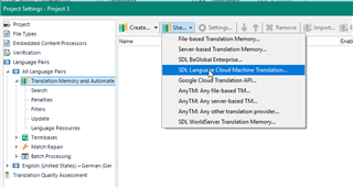 Trados Studio Project Settings window showing Language Pairs section with SDL Language Cloud Machine Translation selected.