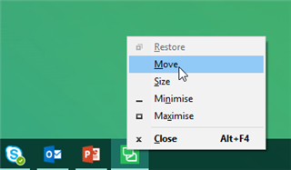 Right-click context menu on Trados Studio icon in the taskbar showing options including Restore, Move, Size, Minimize, Maximize, and Close with the cursor hovering over 'Move'.