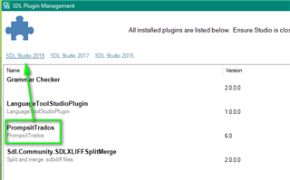 SDL Plugin Management window listing installed plugins including PrompsitTrados with version 6.0 highlighted.