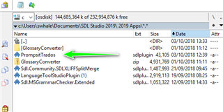 Windows file explorer showing the contents of the SDL Studio 2019 Apps folder with a green arrow pointing to the GlossaryConverter plugin icon.