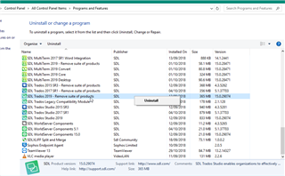 Windows Control Panel Programs and Features window showing a list of installed programs, including SDL Trados Studio 2019 highlighted for uninstallation.