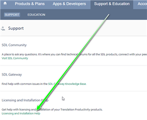 Screenshot of Trados Studio support page with an arrow pointing to 'Licensing and Installation' help option.