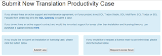 Screenshot of Trados Studio's 'Submit New Translation Productivity Case' page with two options: 'Submit Case' and 'Request License Reset'.