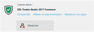 SDL Trados Studio 2017 Freelance license activation screen showing license is active with options to view activation code, deactivate, and work offline.