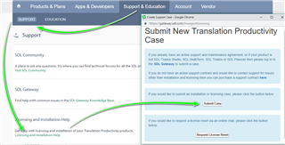 Screenshot of Trados Studio's support page with highlighted sections for 'Licensing and Installation Help' and 'Submit New Translation Productivity Case' form with 'installation' selected in the 'Case type' dropdown.