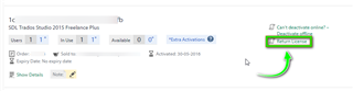 Screenshot of Trados Studio 2015 Freelance Plus license management with a green arrow pointing to the 'Return License' button, indicating the action to reset the license.