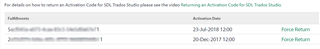 Screenshot showing two Trados Studio product activations with 'Activation Date' and 'Force Return' options.
